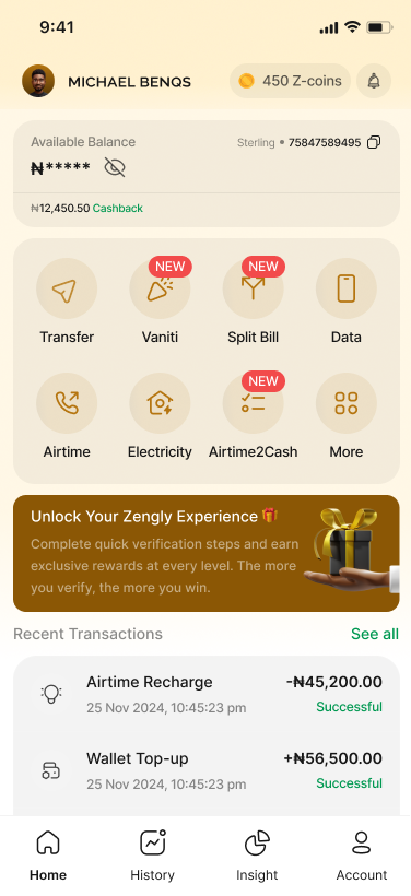 Zengly light-mode home and transactions screen
